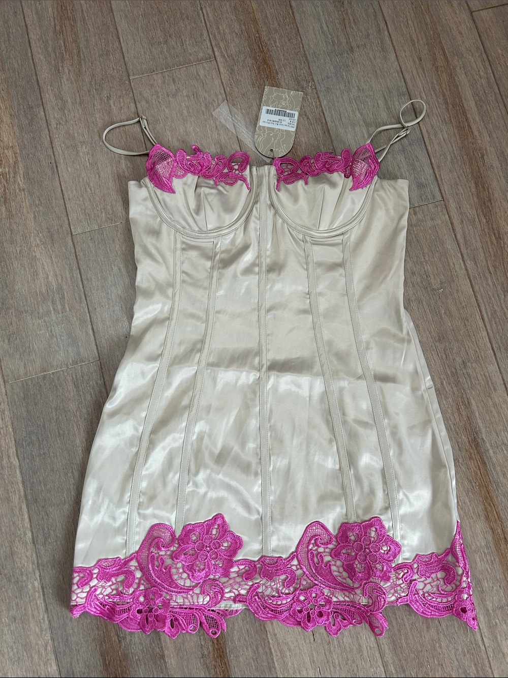 Meshki Tatiana corset mini dress nude with pink lace trim size M NWT